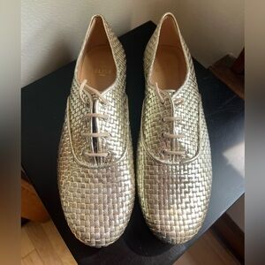 COLISEE Paris Metallic Gold Woven Leather Lace Up Oxford Flats 38 / 7